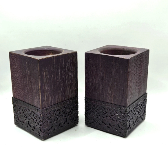 Studio Decor Other - Pair Of Wooden Sugar Mold Wood Candle Holder Primitive Dark Purple 5" H